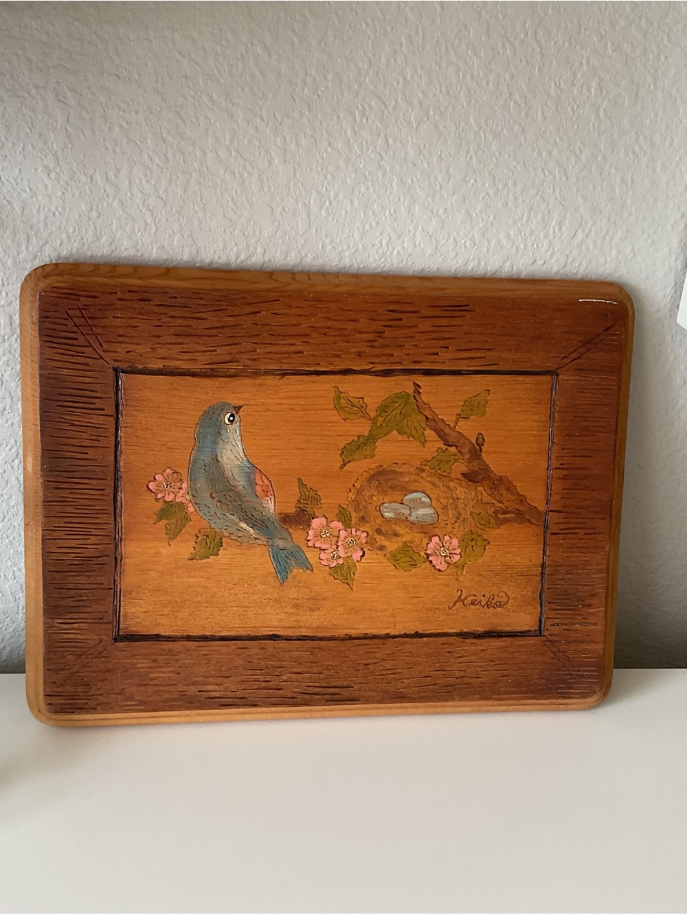 Vintage Hand-Painted Wooden Tray with Blue Bird & Nest, signed